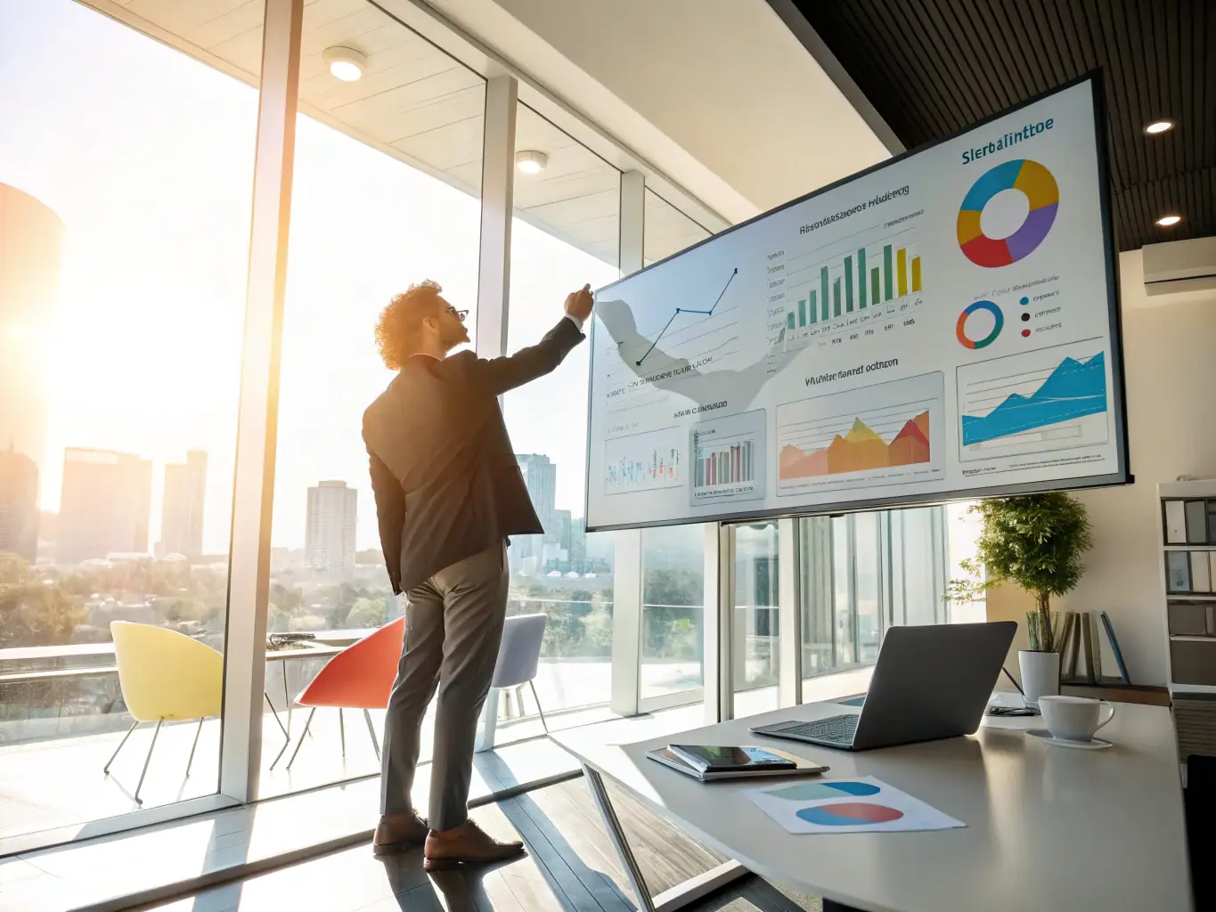 An image of a confident coach guiding a client through a strategic planning session, with charts and financial data on a laptop screen.