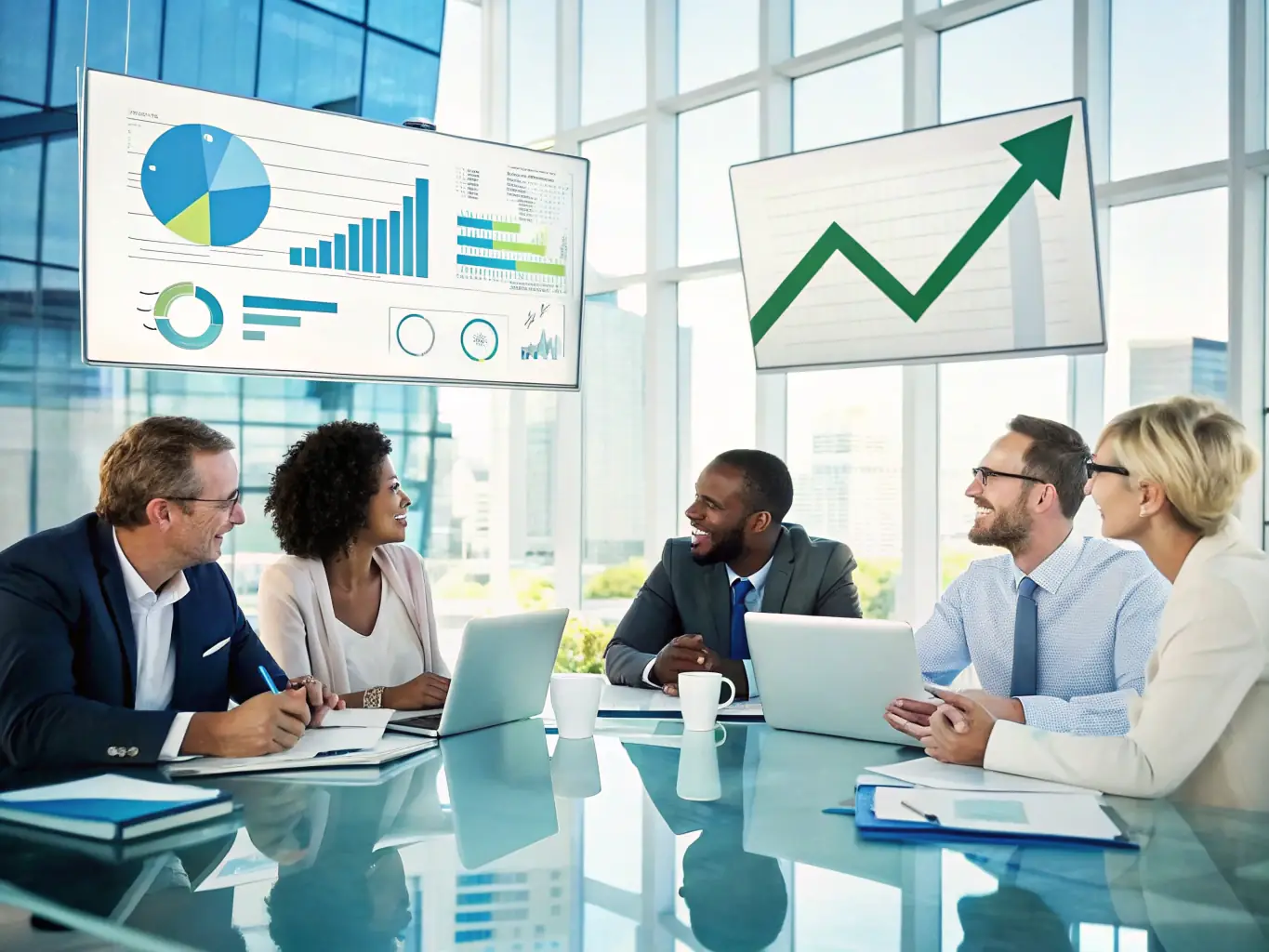 An image depicting a diverse group of business professionals collaborating on a growth strategy, with South African landmarks in the background.
