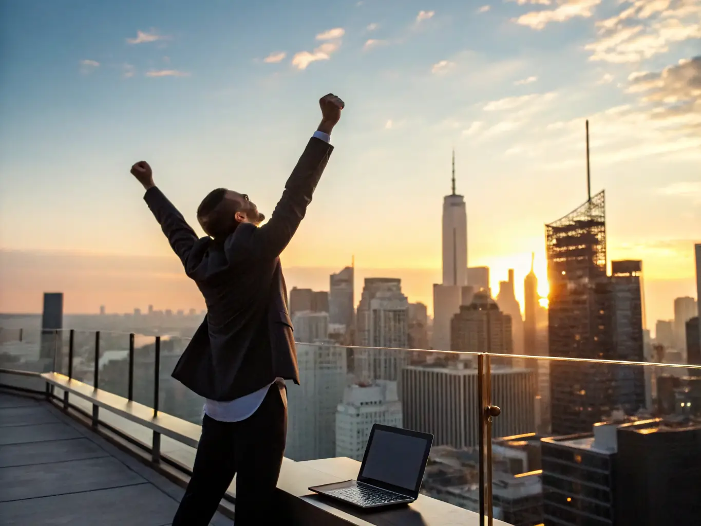 An image showing a business owner celebrating a successful financial milestone, with a cityscape of Johannesburg in the background.