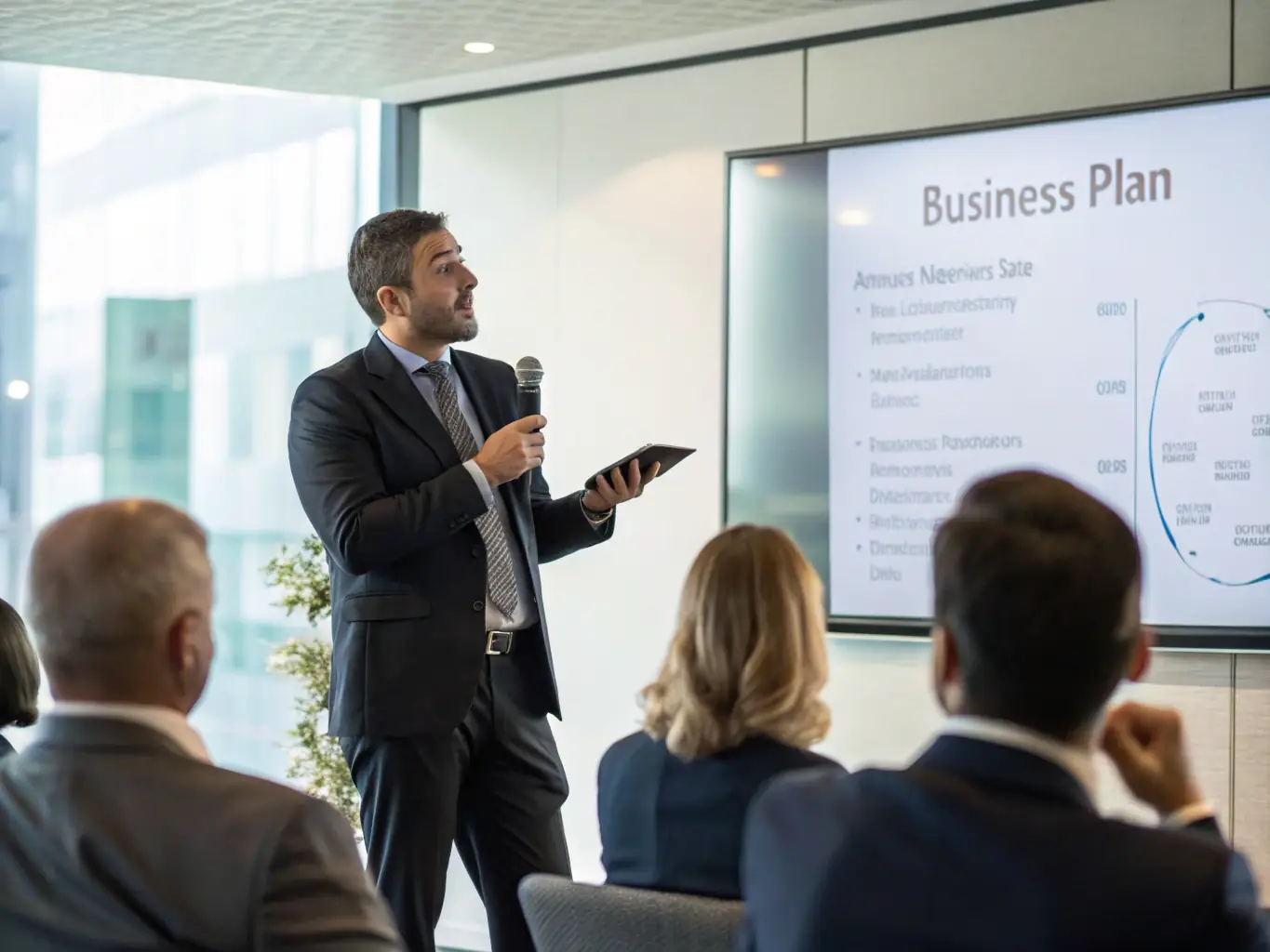 A South African entrepreneur confidently presenting a business plan to a group of investors, showcasing the potential for growth and return on investment in the local market.