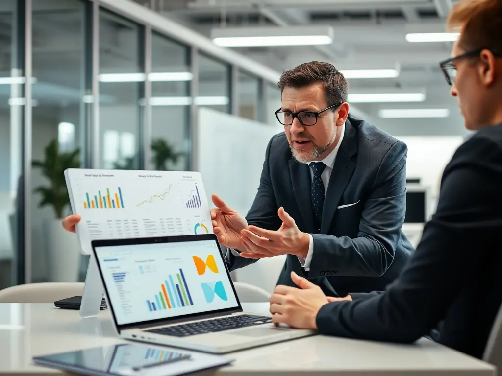 A professional business coach in a modern office setting, reviewing financial charts and discussing investment strategies with a client, emphasizing a collaborative and strategic approach to financial planning.